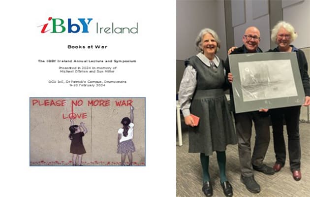 Доктор Шивон Паркинсон и доктор Патрик Райан вручают Лиз Пейдж рисунок углем работы Пи Джей Линча Доктор Шивон Паркинсон и доктор Патрик Райан вручают Лиз Пейдж рисунок углем работы Пи Джей Линча